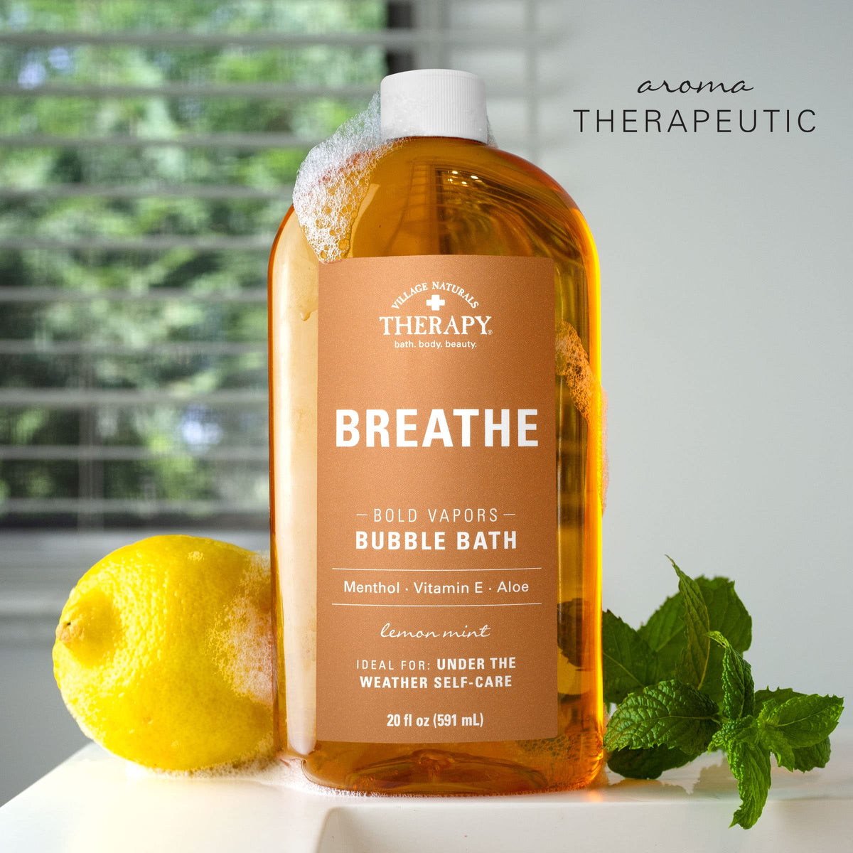 Village Naturals Therapy Breathe bottle highlights USA-made quality and care