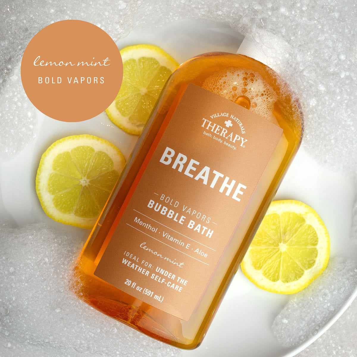 Village Naturals Therapy Breathe vapors swirl over water for calm immersion