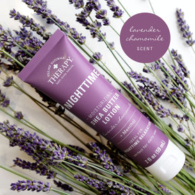 Village Naturals Therapy Nighttime lotion applied to hands for soft, refreshed skin
