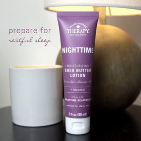 Village Naturals Therapy Nighttime lotion paired with bath soak for added comfort