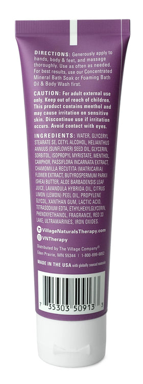 Village Naturals Therapy Nighttime lotion bottle back highlights shea butter and aloe for deep hydration