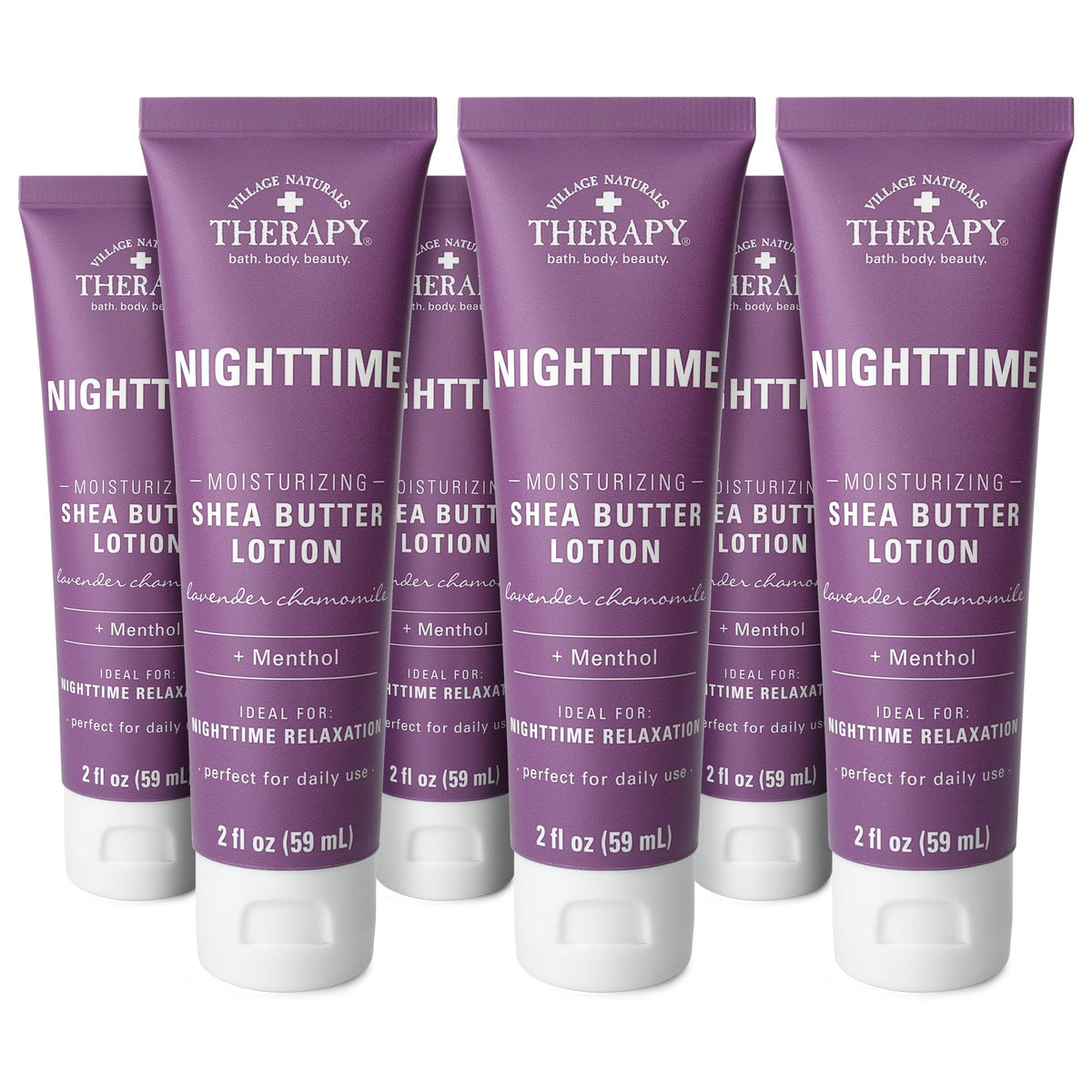 Village Naturals Therapy Nighttime lotion bottle front, lavender chamomile for soothing relaxation before bed