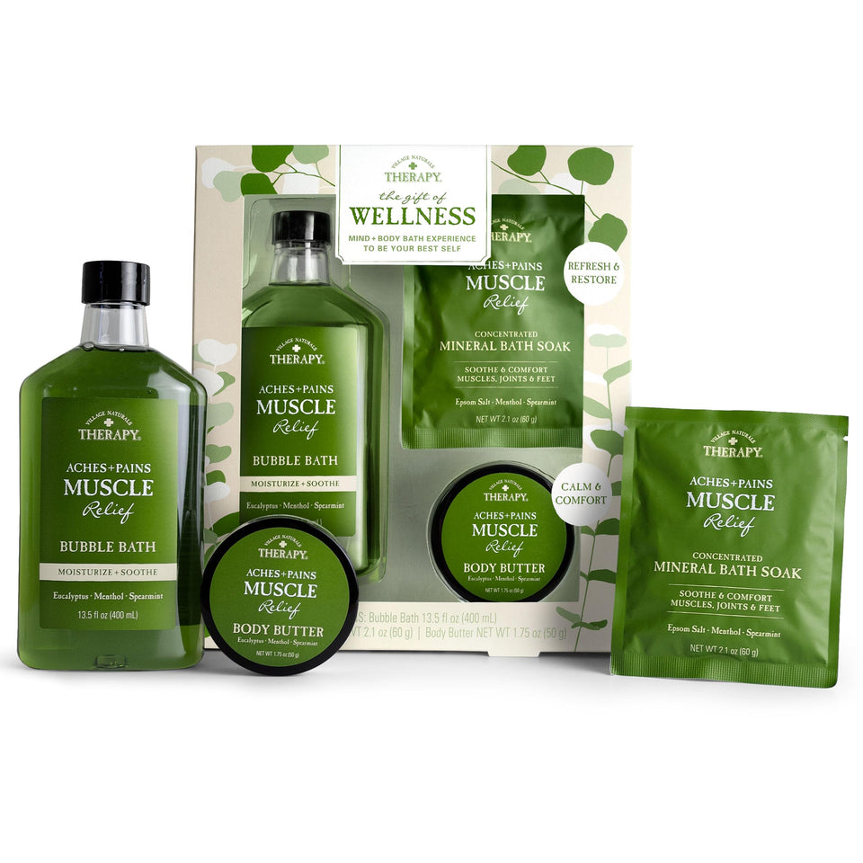 Village Naturals Therapy 3-piece gift set on bathroom counter with eucalyptus mint aroma for post-workout relaxation.