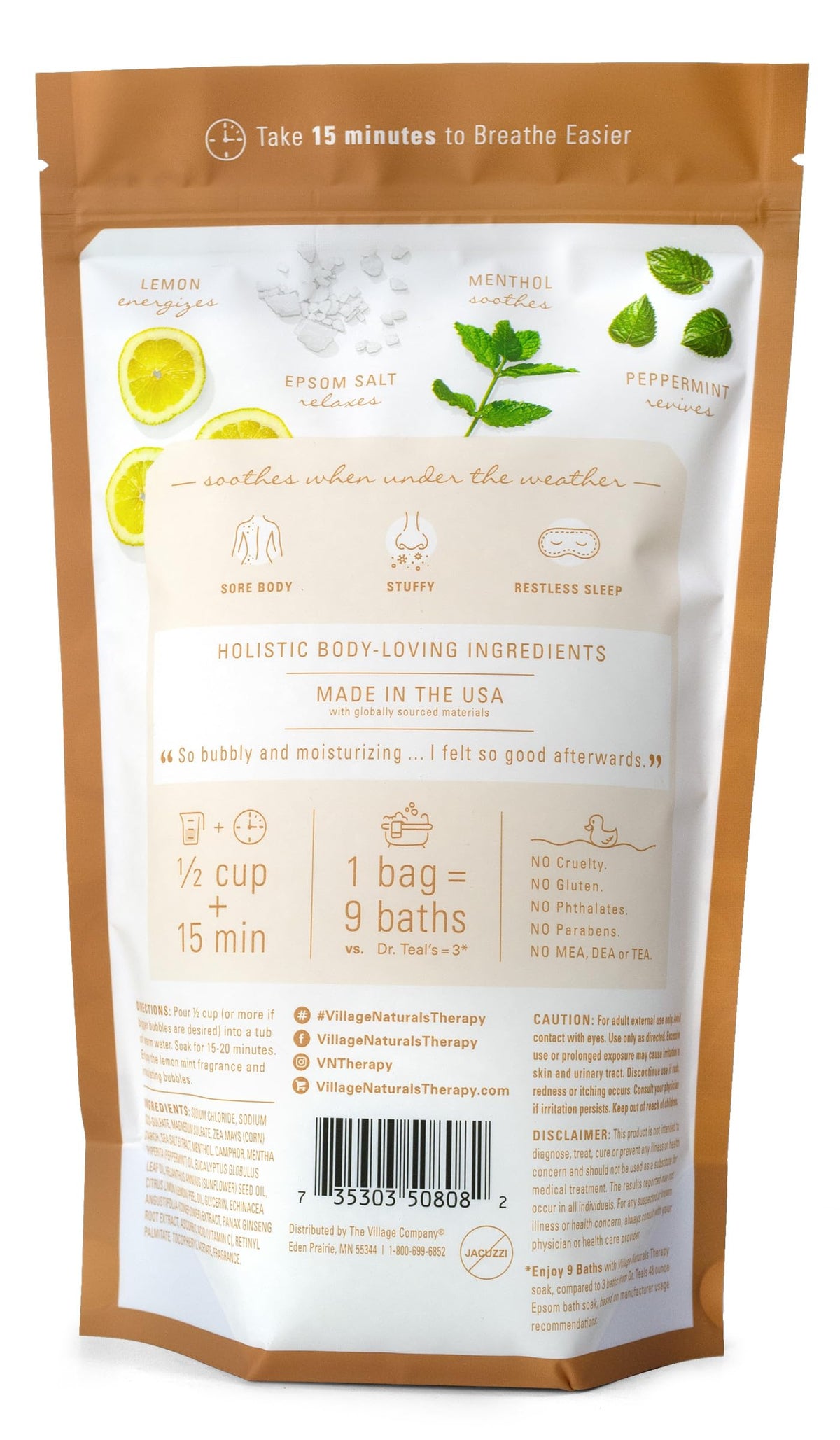 Village Naturals Therapy Breathe bubbles rising in a warm bath for a cozy soak.