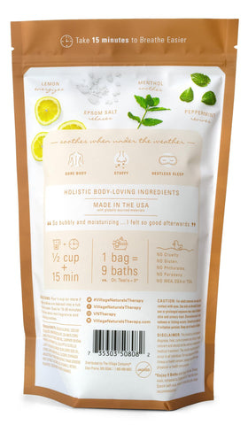 Village Naturals Therapy Breathe bubbles rising in a warm bath for a cozy soak.