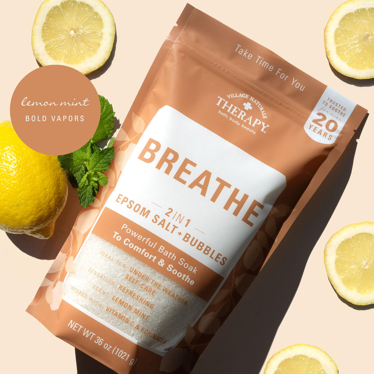 Village Naturals Therapy Breathe packaging highlights Epsom salt and essential oils.