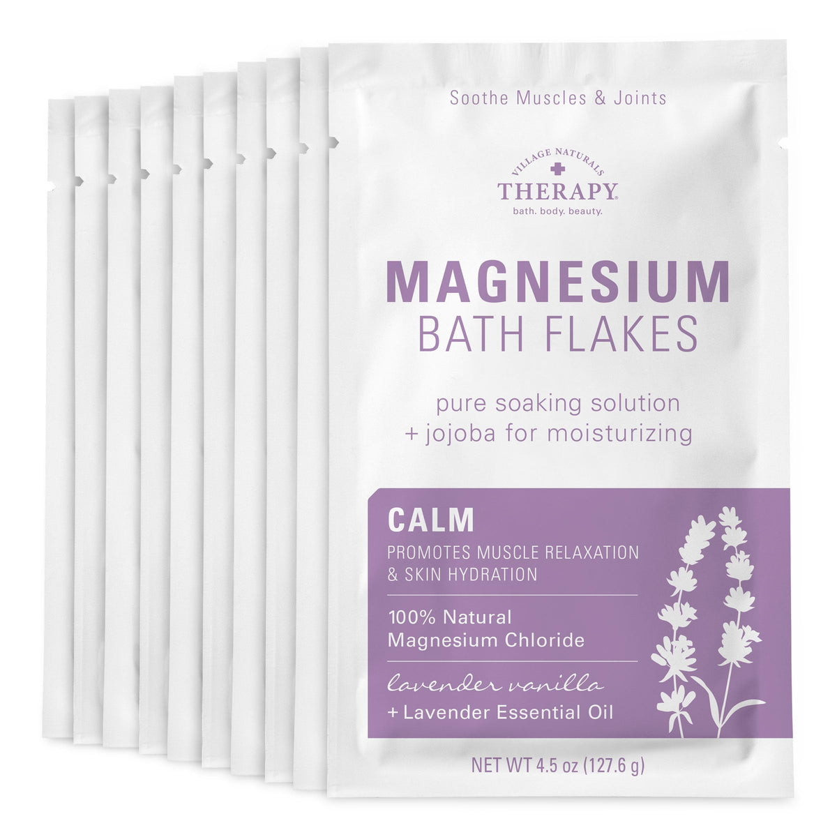 Village Naturals Therapy Calm Magnesium Bath Flakes bottle for a soothing soak.