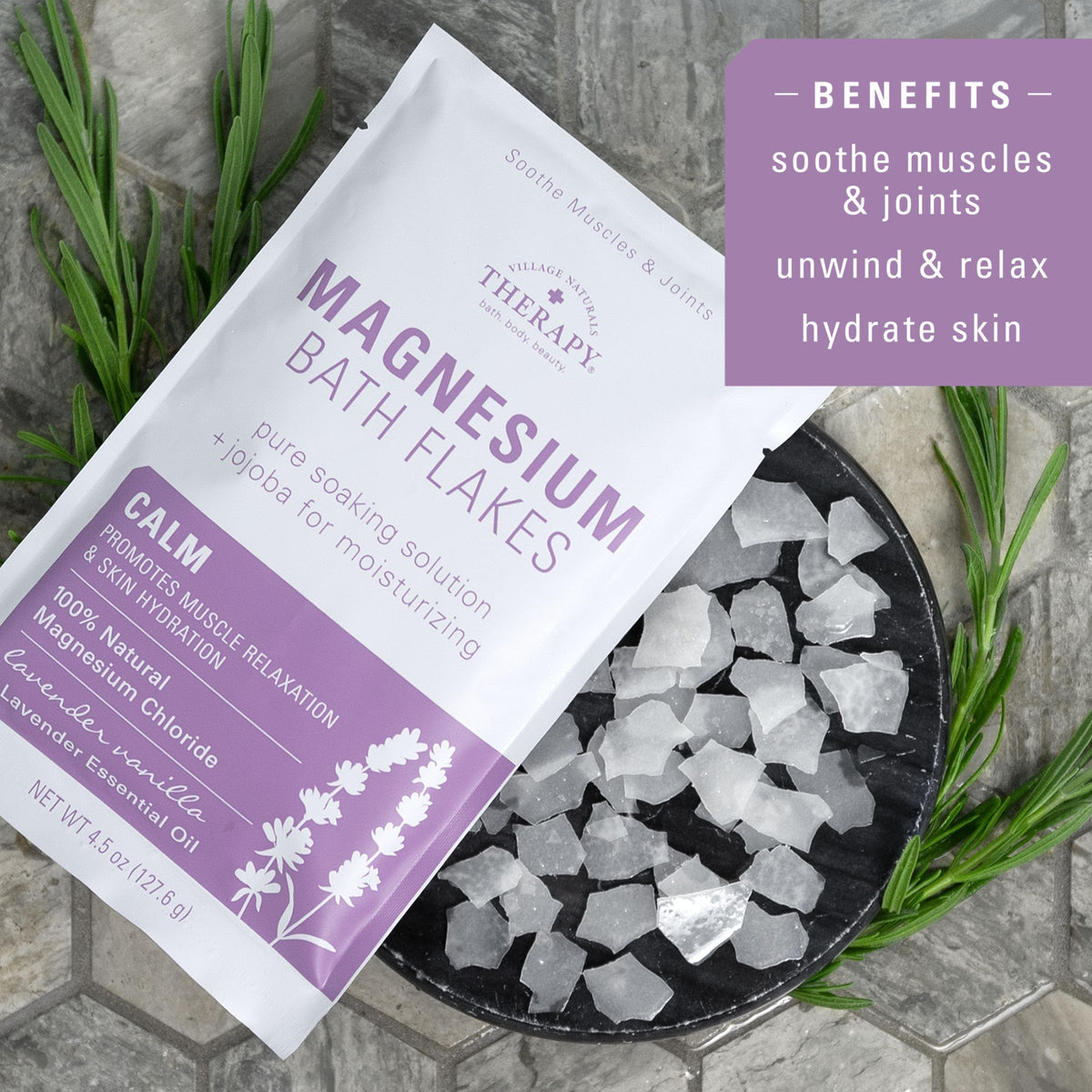 Foot soak with Village Naturals Therapy Calm Magnesium Flakes.