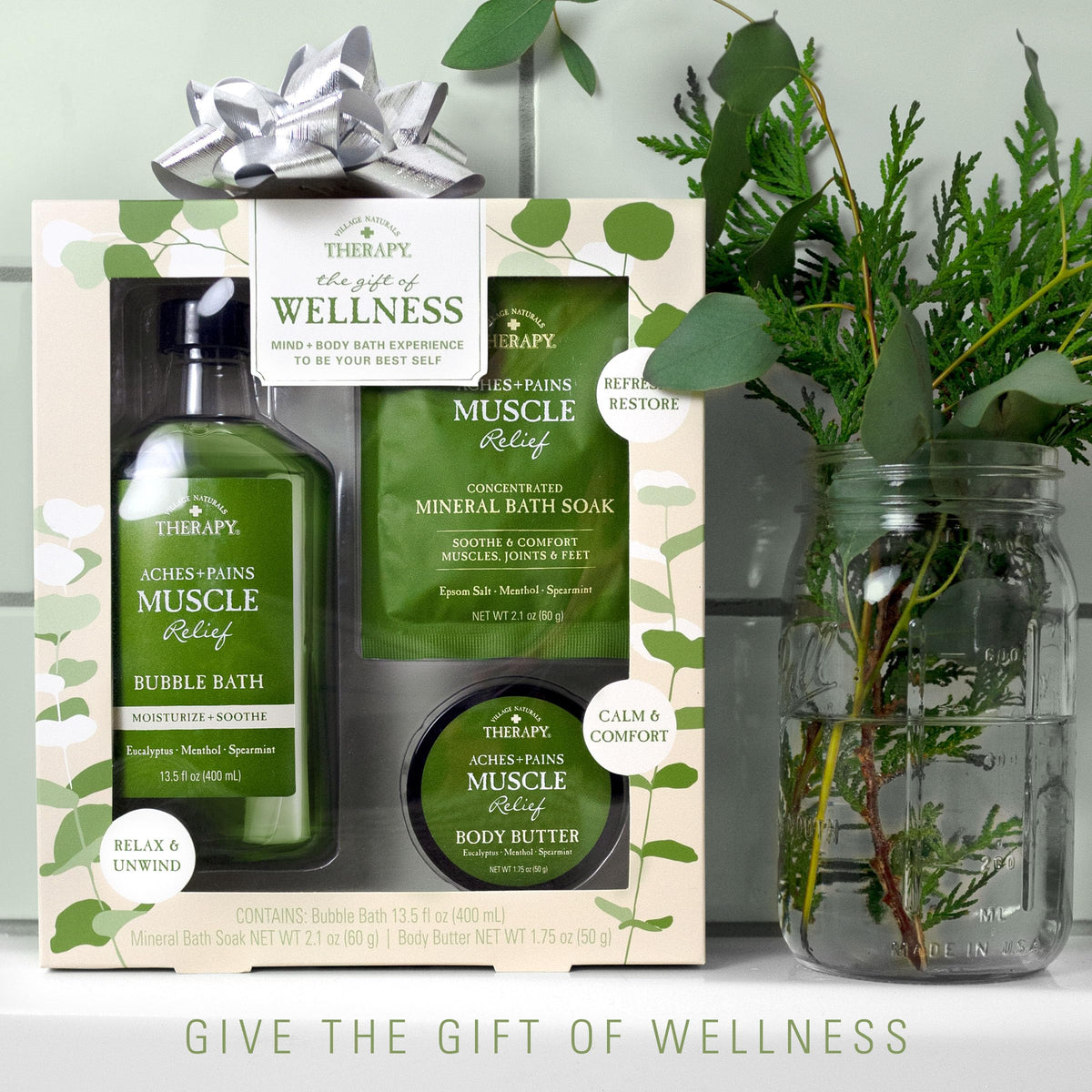 User enjoying a Village Naturals Therapy minty eucalyptus bath ambience.