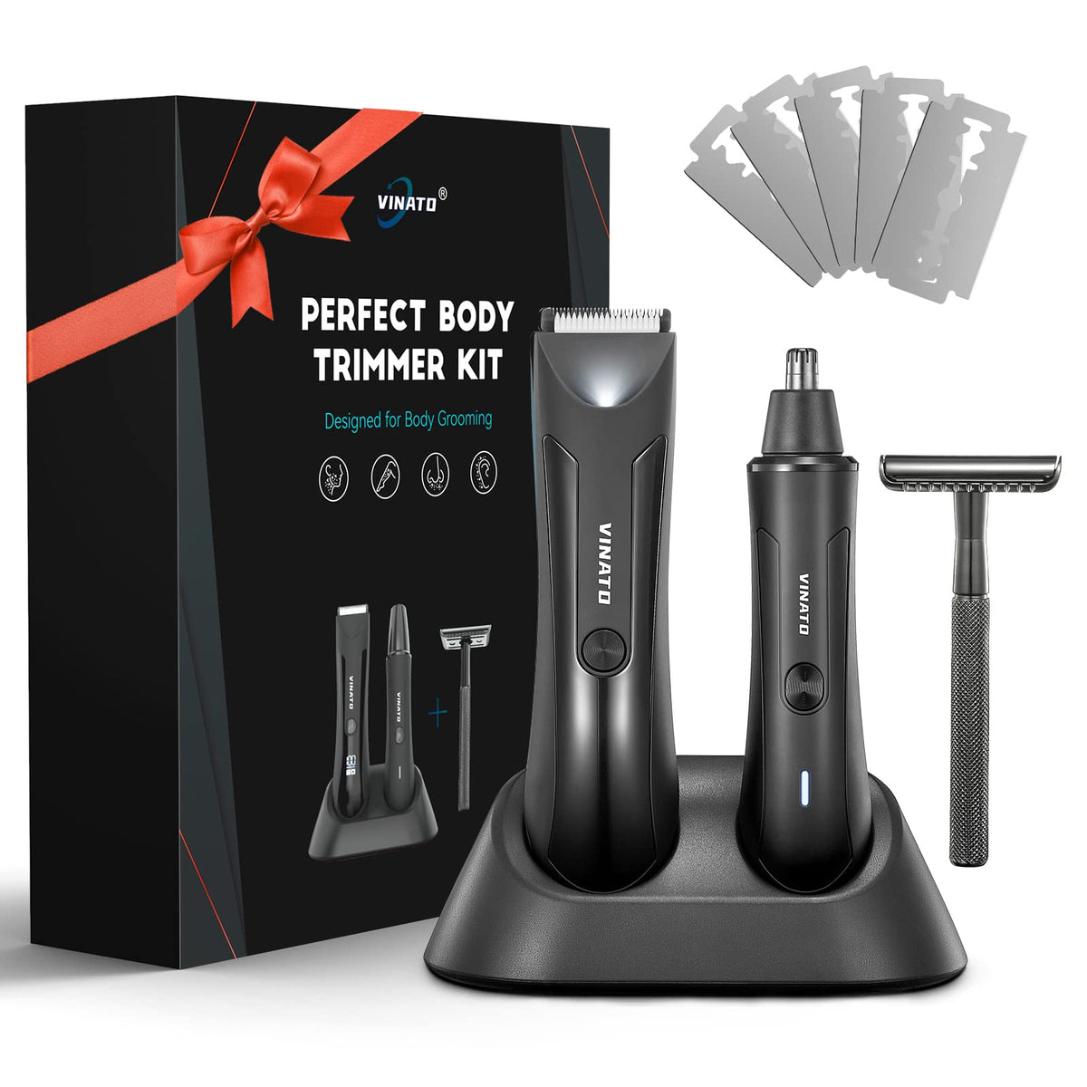 VINATO body hair trimmer with ceramic blade for smooth, skin-friendly grooming.