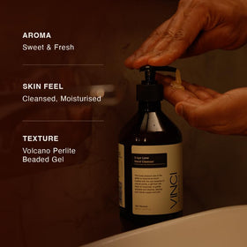 Vinci Botanicals cleanser foam texture shown for rich lather and thorough cleansing.
