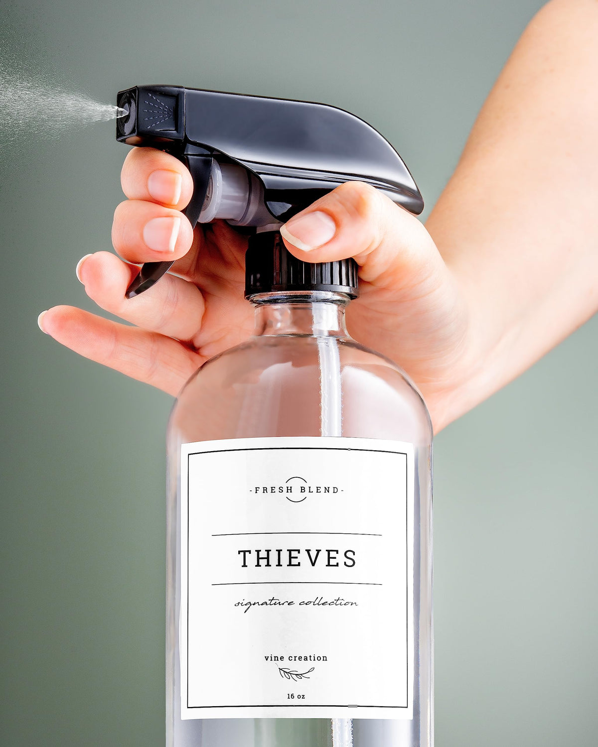 Vine Creations clear glass bottle perfect for hair mists and DIY cleaners.