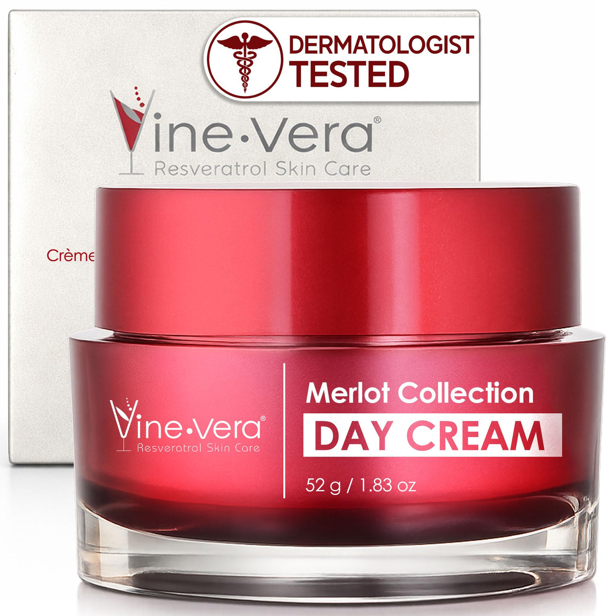 Vine Vera Merlot Day Cream jar highlights hydrating formula for dry skin.