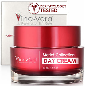 Vine Vera Merlot Day Cream jar highlights hydrating formula for dry skin.