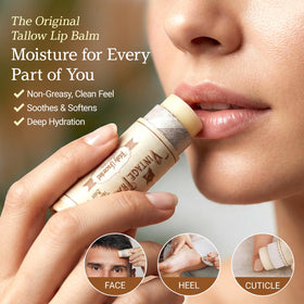 Vintage Tradition beef tallow lip balm tube nourishes dry lips with natural tallow.