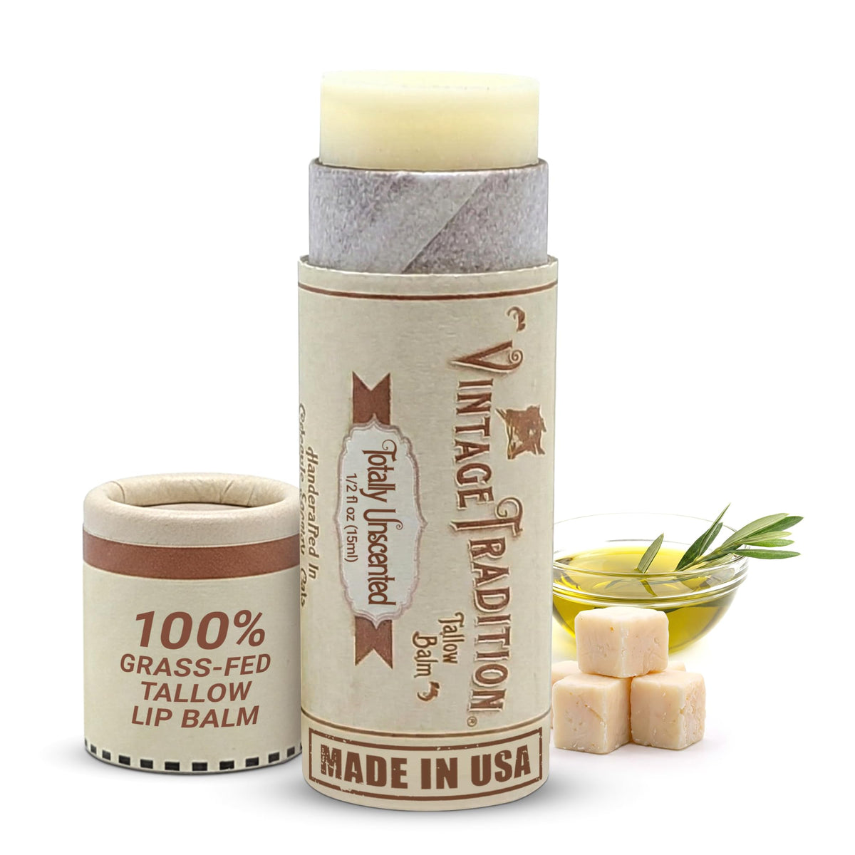 Vintage Tradition lip balm unscented tube provides long lasting hydration for sensitive lips.