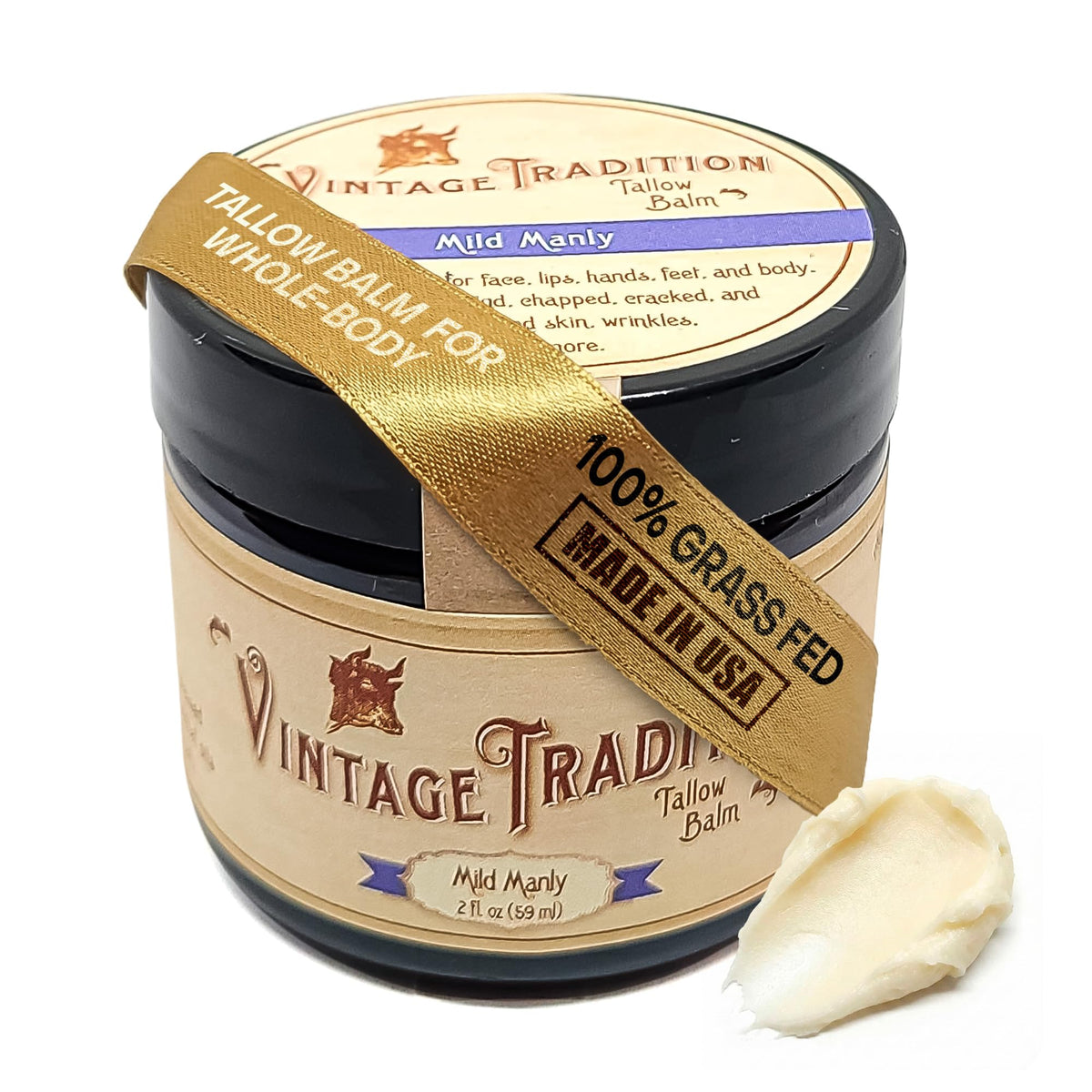 Vintage Tradition Mild Manly balm bottle front shows masculine, clean scent for daily moisture.