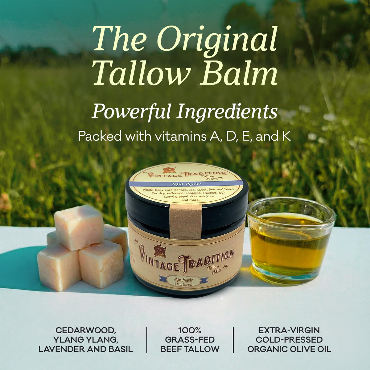 Vintage Tradition Mild Manly balm texture closeup highlighting smooth, non-greasy absorption.