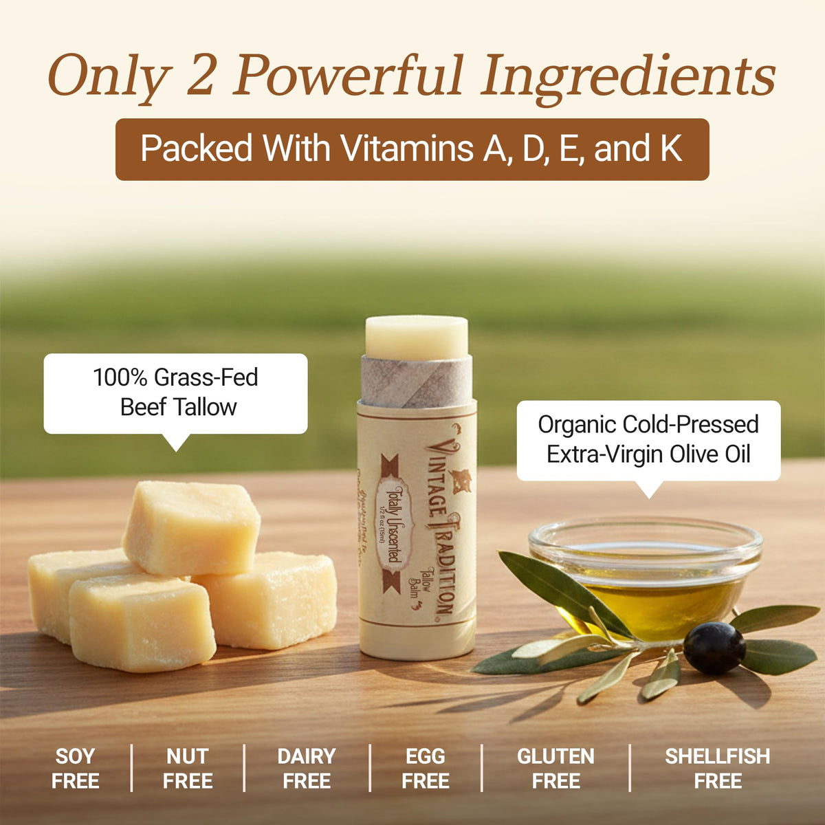 Vintage Tradition olive oil infused moisture keeps lip and surrounding skin soft.