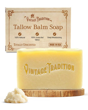 Vintage Tradition Tallow Soap face bar provides gentle hydration for daily cleansing.