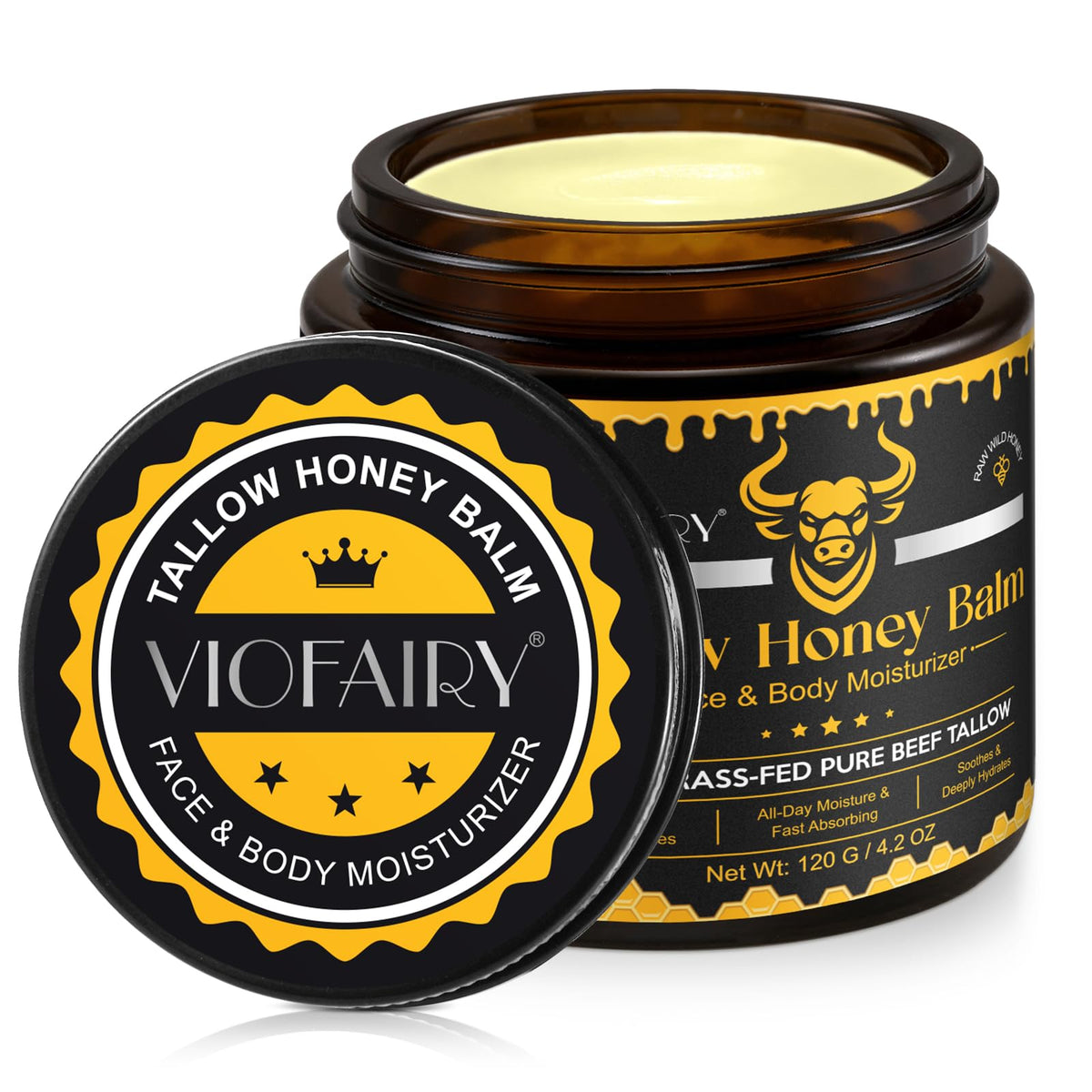 VIOFAIRY Tallow and Honey Balm in a glass jar showing rich, creamy facial hydration.