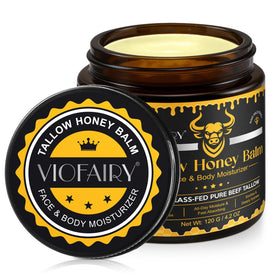 VIOFAIRY Tallow and Honey Balm in a glass jar showing rich, creamy facial hydration.
