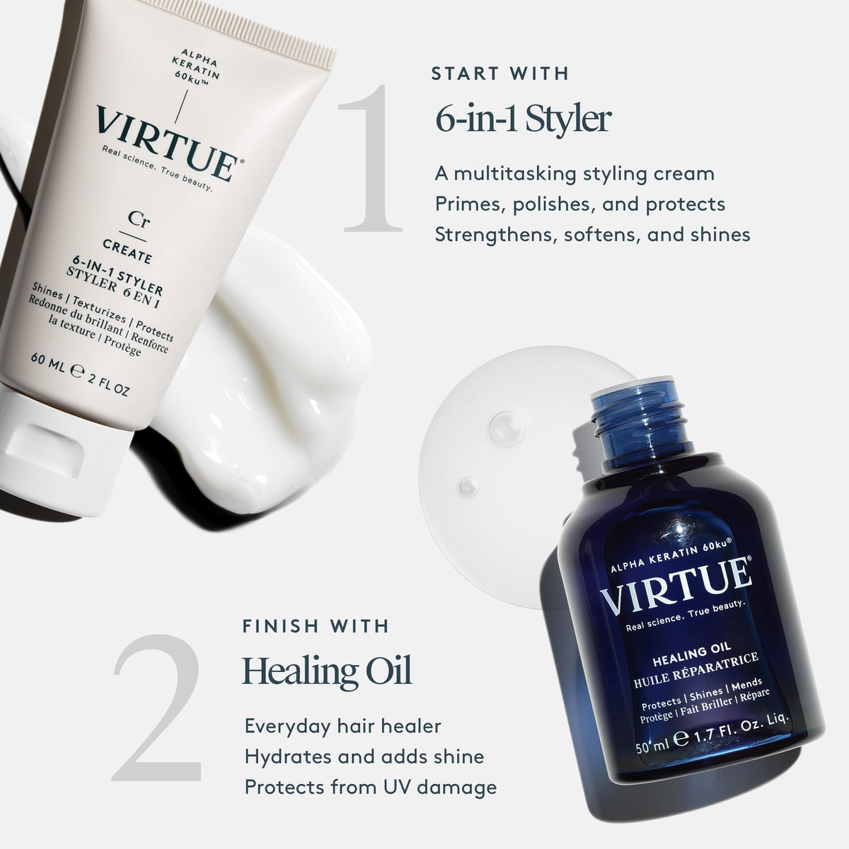 Bundle shot of VIRTUE Healing Hair Oil and 6-in-1 Styler packaging.