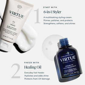 Bundle shot of VIRTUE Healing Hair Oil and 6-in-1 Styler packaging.