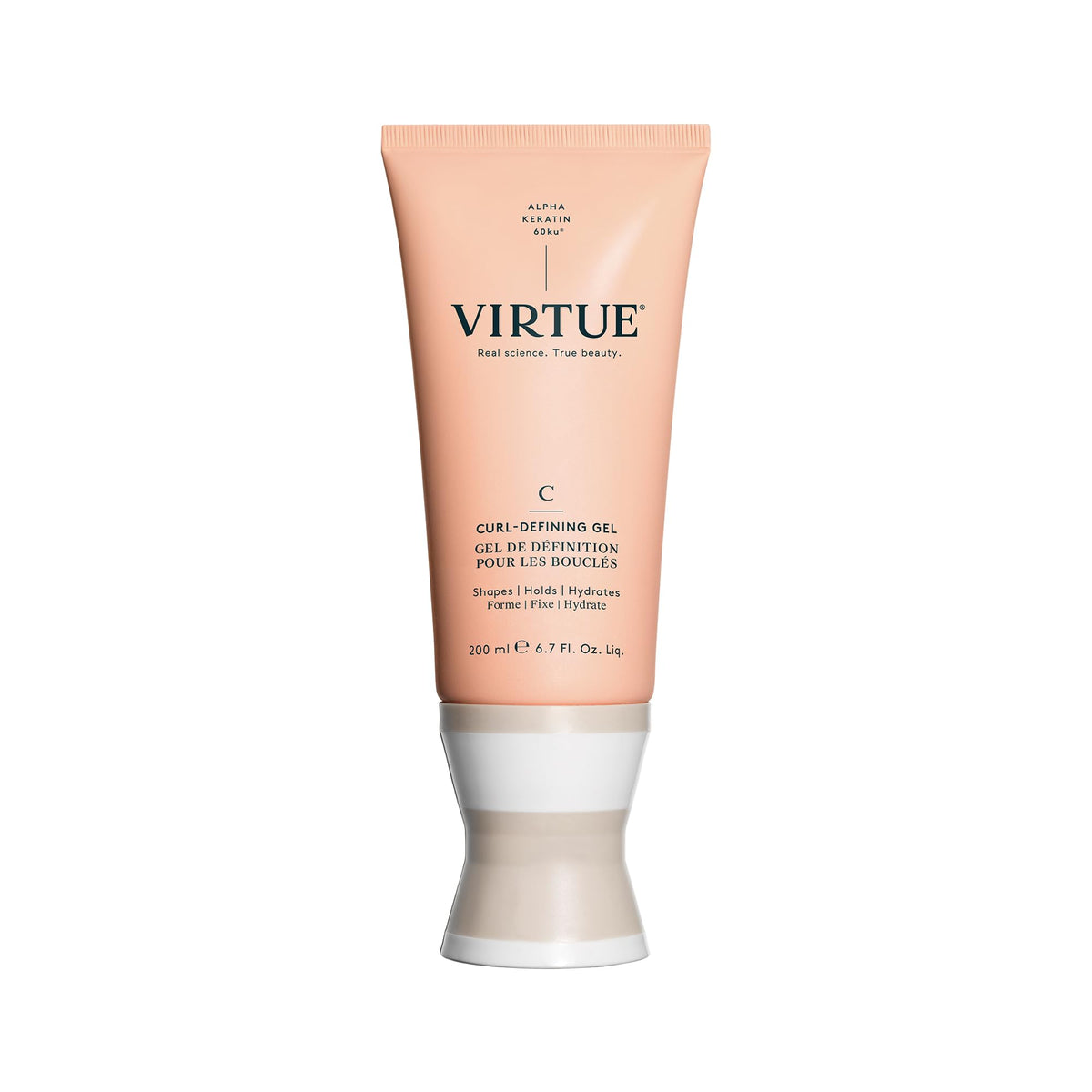 VIRTUE Curl Gel bottle dispensing the formula for easy styling and hold.