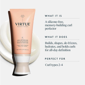 VIRTUE Curl Gel in hand showing velvety texture blending into hair.