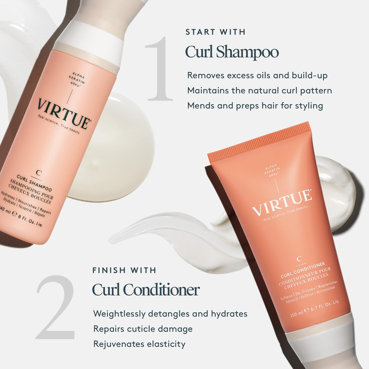 VIRTUE Curl Shampoo color-safe badge indicates protection for color-treated hair.
