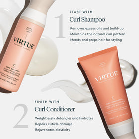 VIRTUE Curl Shampoo color-safe badge indicates protection for color-treated hair.