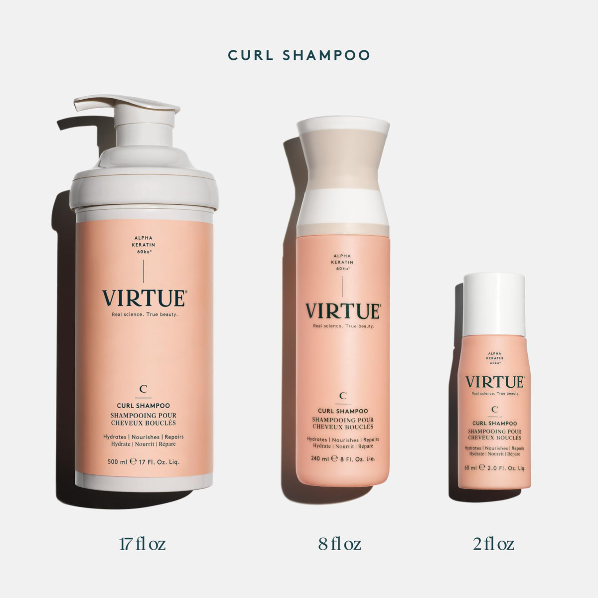 VIRTUE Curl Shampoo frizz-control action demonstrates humidity resistance for defined curls.