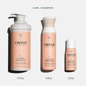 VIRTUE Curl Shampoo frizz-control action demonstrates humidity resistance for defined curls.