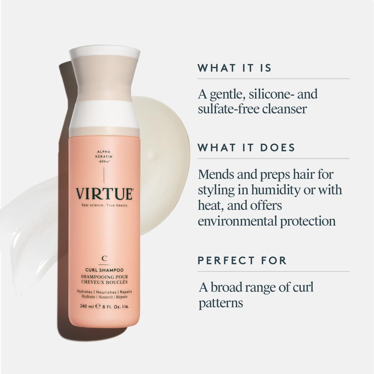 VIRTUE Curl Shampoo hydration emphasis shows moisture-rich cleansing for curls.