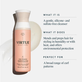 VIRTUE Curl Shampoo hydration emphasis shows moisture-rich cleansing for curls.