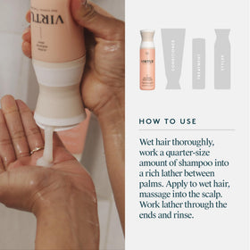 VIRTUE Curl Shampoo packaging shot highlights premium, eco-friendly bottle design.