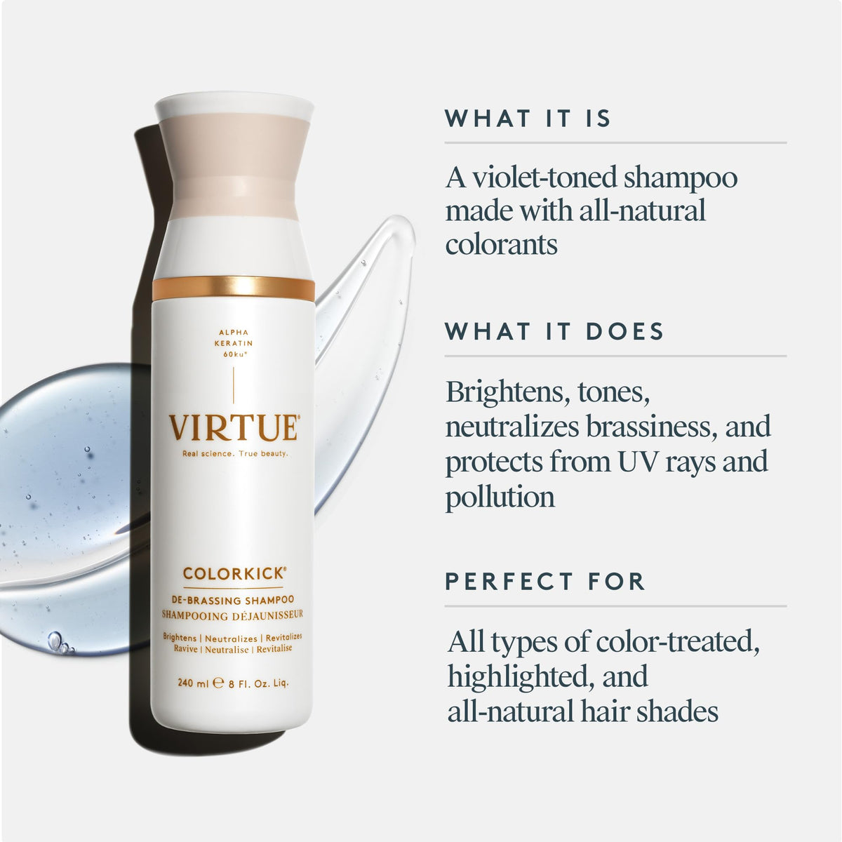 VIRTUE De-Brassing Shampoo close-up lather demonstrates gentle, non-drying cleanse.