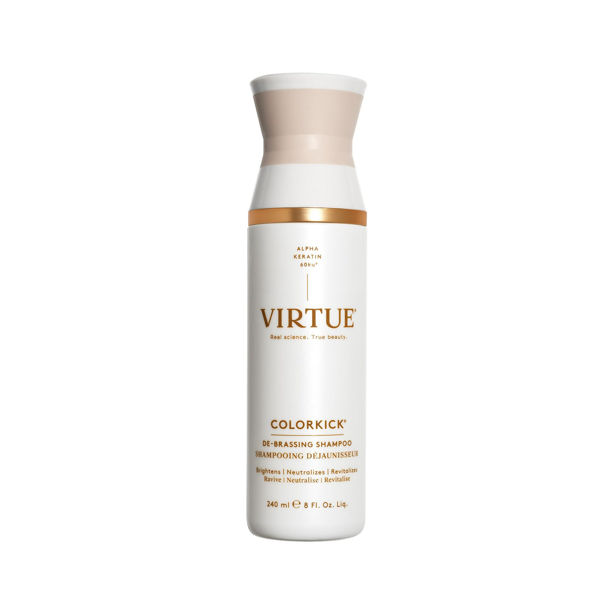 VIRTUE De-Brassing Shampoo bottle front view with vegan formula.