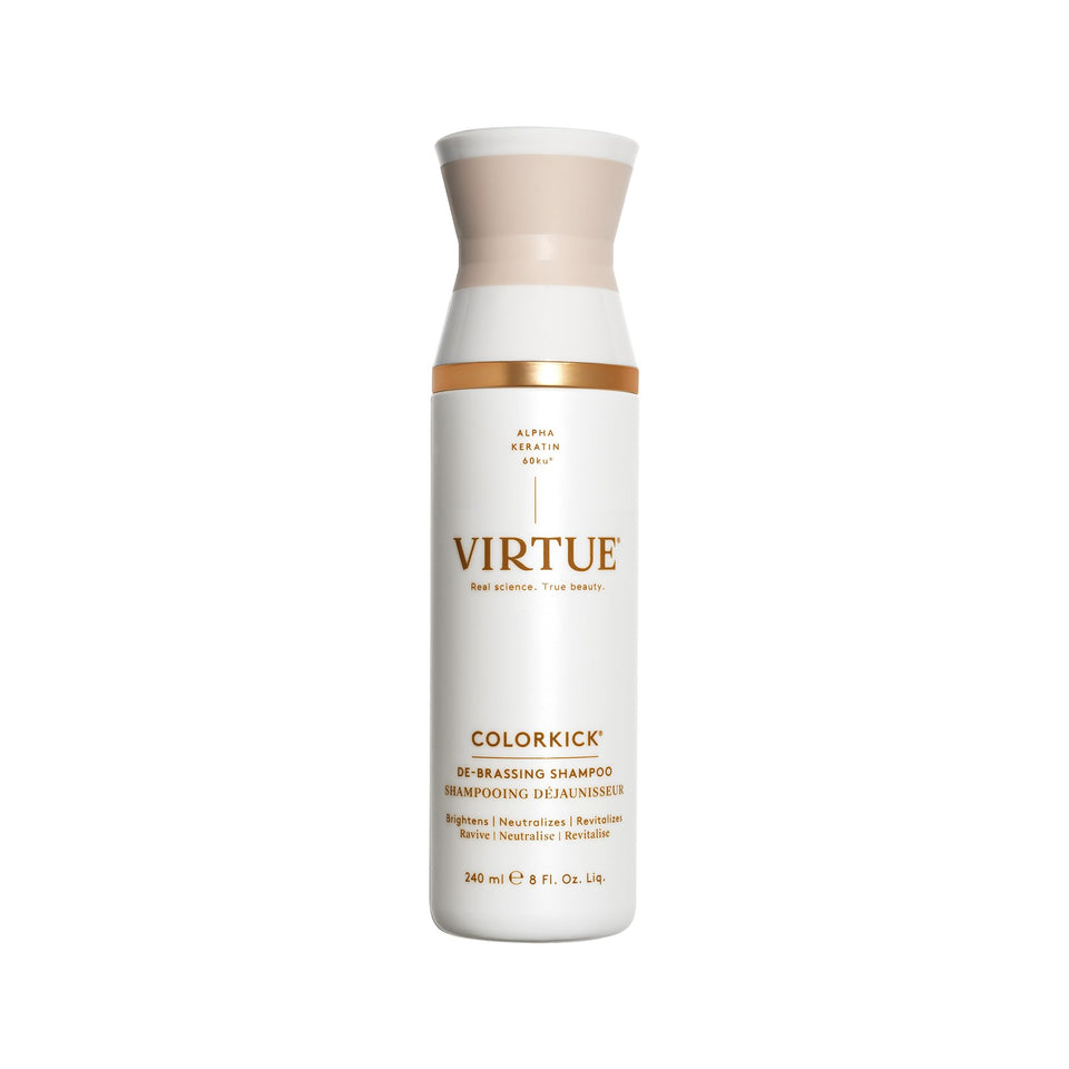 VIRTUE De-Brassing Shampoo bottle front view with vegan formula.