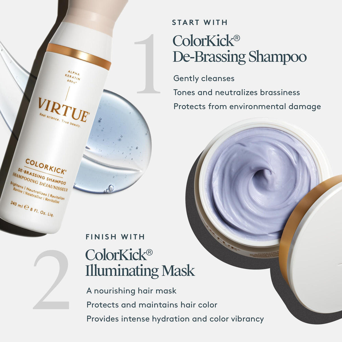 VIRTUE De-Brassing Shampoo ingredient panel highlights natural colorants for vibrant color.