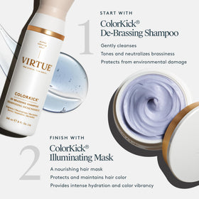 VIRTUE De-Brassing Shampoo ingredient panel highlights natural colorants for vibrant color.