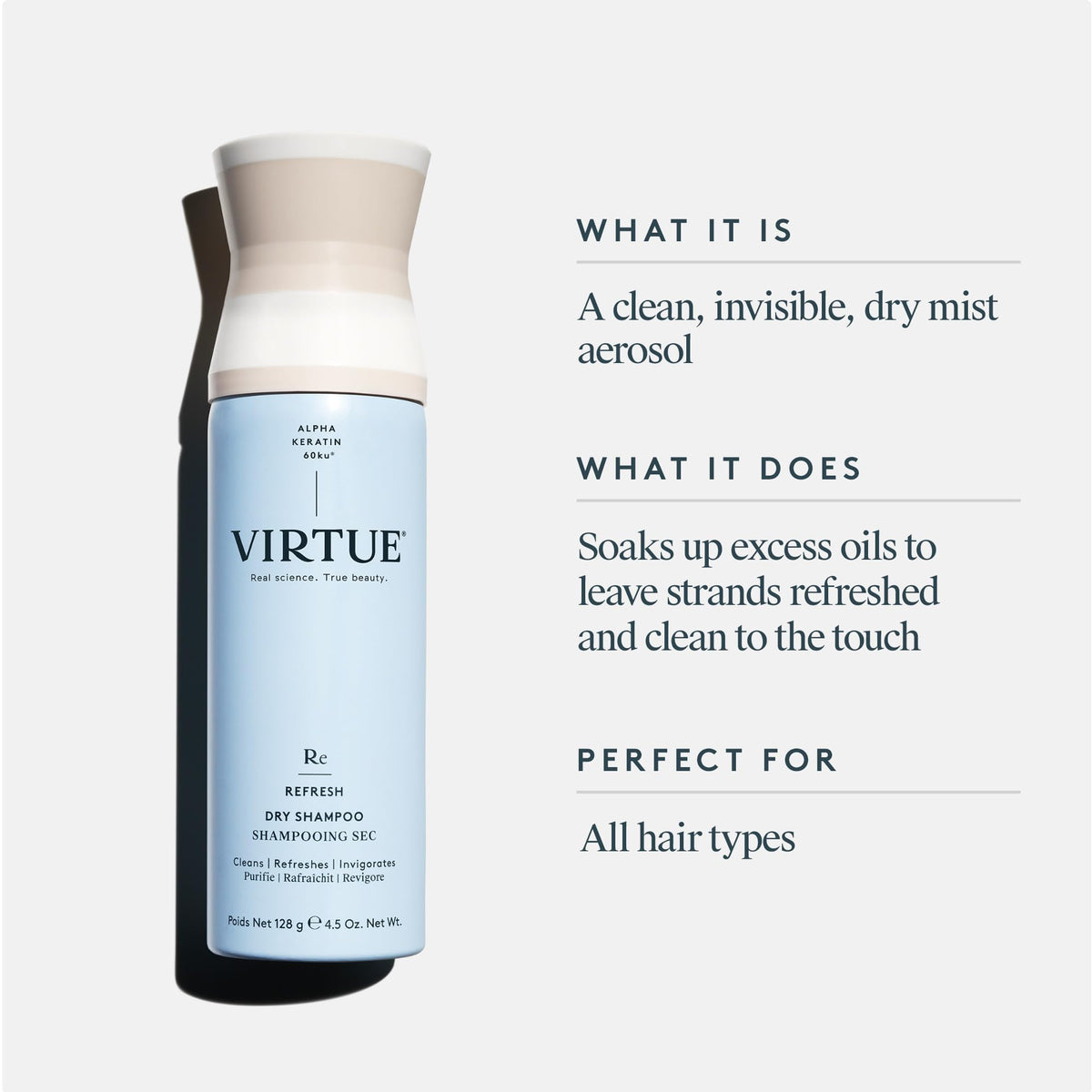 VIRTUE Dry Shampoo Spray invisible formula leaves hair touch-soft.