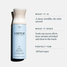 VIRTUE Dry Shampoo Spray invisible formula leaves hair touch-soft.