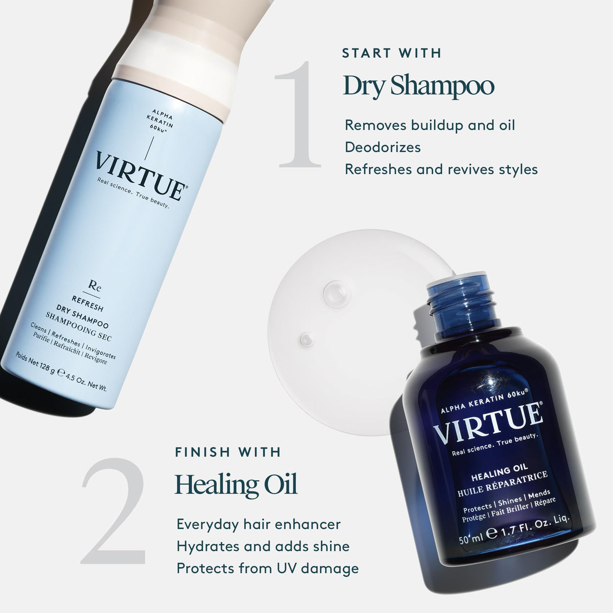 VIRTUE Dry Shampoo Spray with lemon-cedar-orange fragrance for lasting scent.