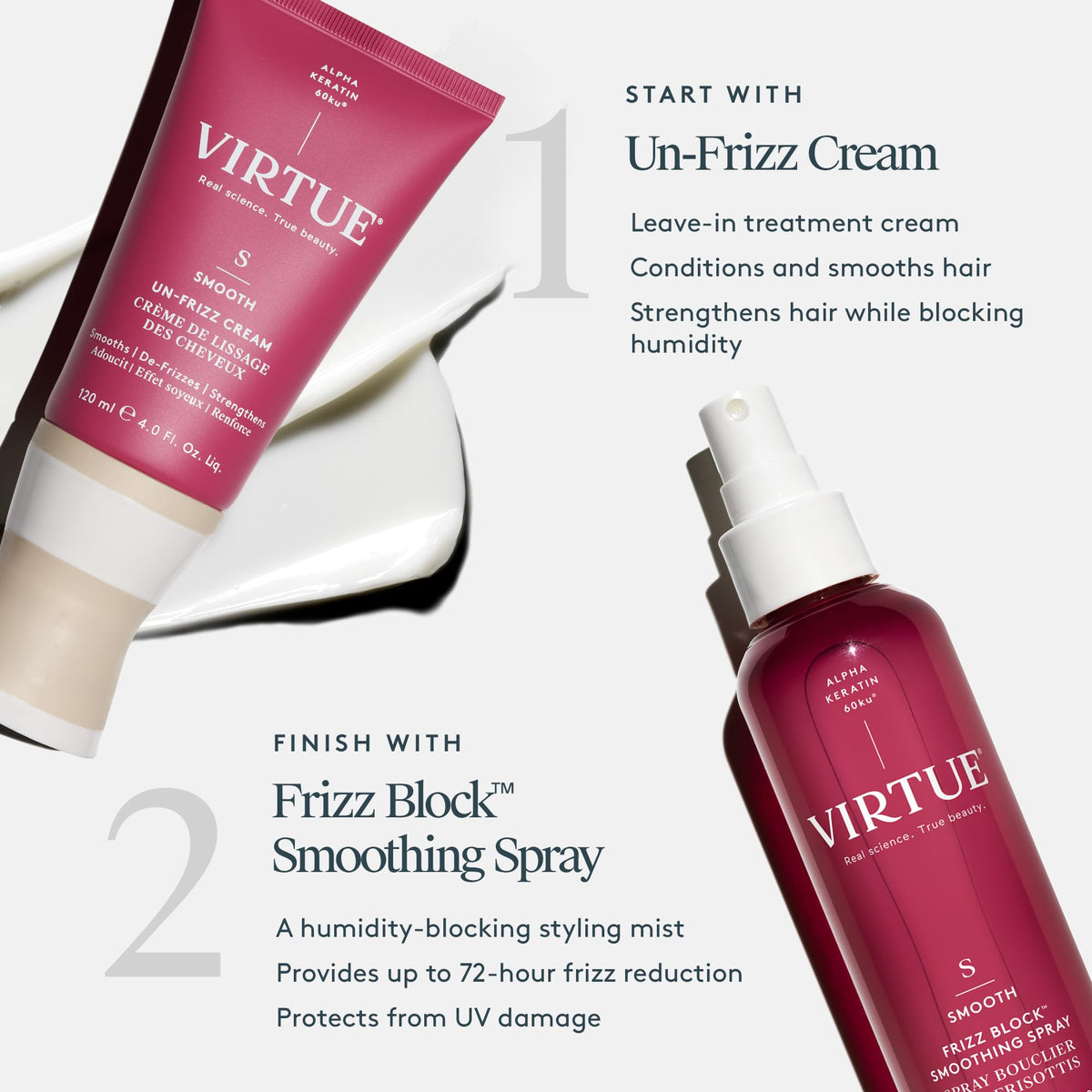VIRTUE Frizz Block bottle with color-safe formula for color-treated hair.