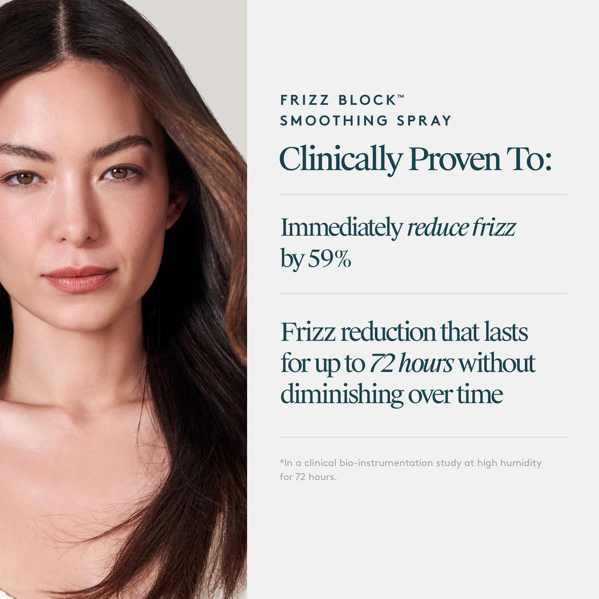 VIRTUE Frizz Block display shows silicone-free and sulfate-free attributes.