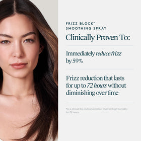 VIRTUE Frizz Block display shows silicone-free and sulfate-free attributes.