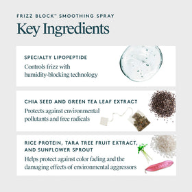 VIRTUE Frizz Block bottle close-up highlights heat protection up to 450°F.