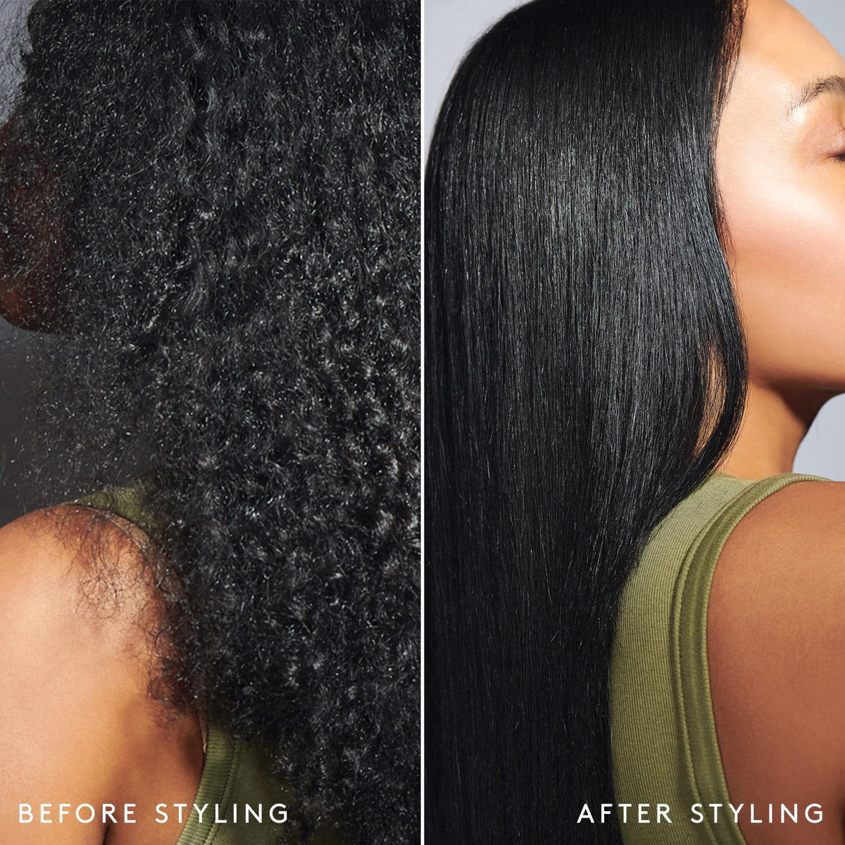 VIRTUE Frizz Block spray on hair demonstrating humidity shield effect.